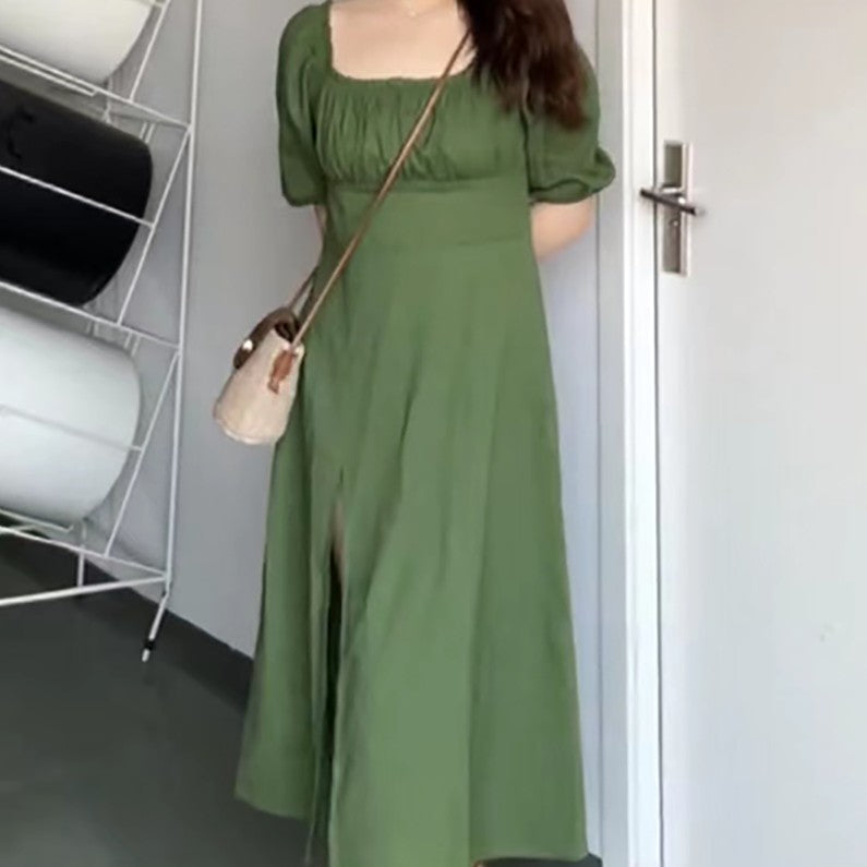 French Vintage Bubble Sleeve Square Neck Pleated Dress