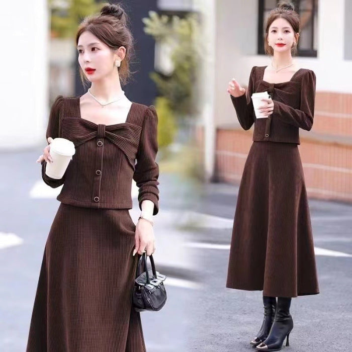 Womens Fashion Corduroy Top And Skirt Two-piece Set
