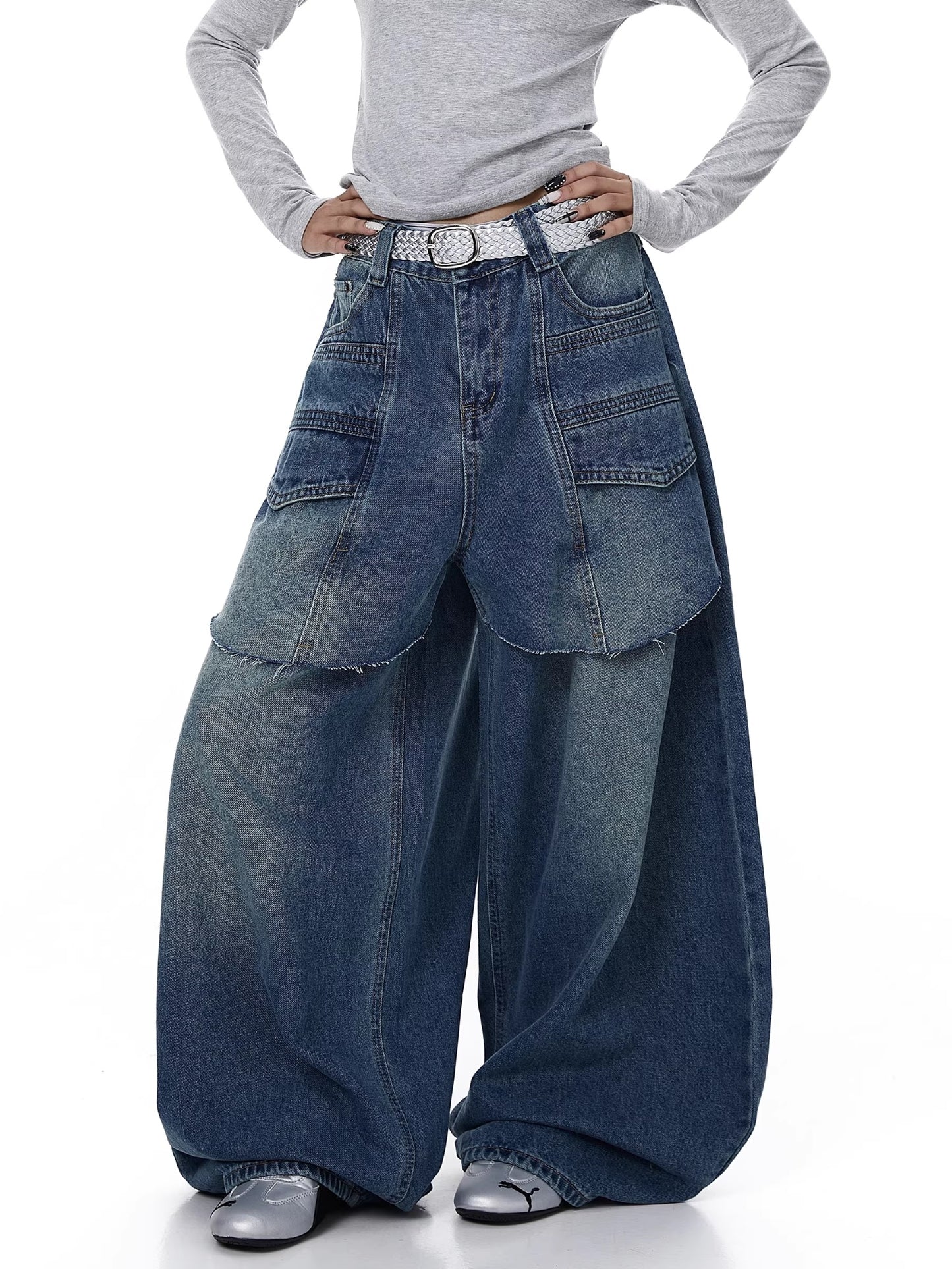 Womens American-style Deconstructed Faux Two-piece Patchwork Washed Bootcut Jeans