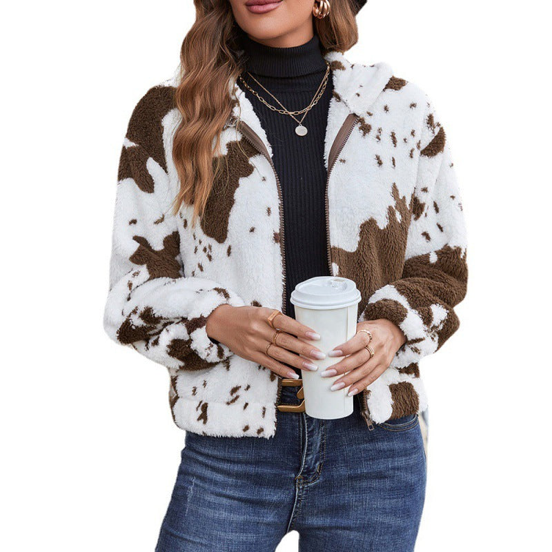 Cow Pattern Wool Cardigan Hooded Sweater Jacket