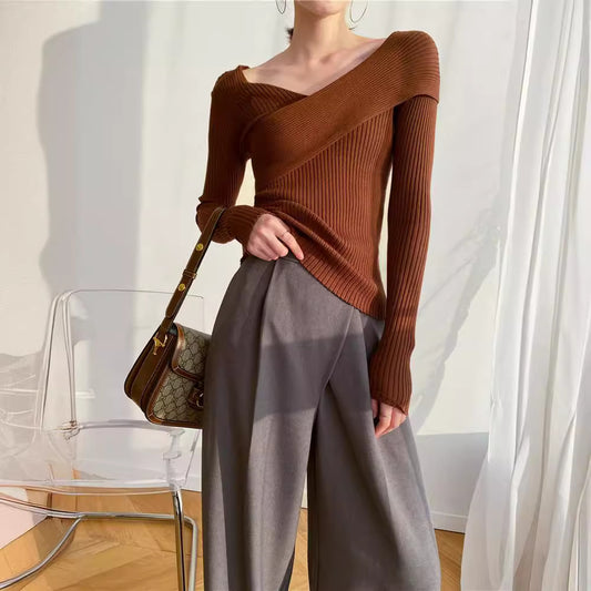 Crossbody Off-the-shoulder V-neck Cross-wire Knitted Sweater