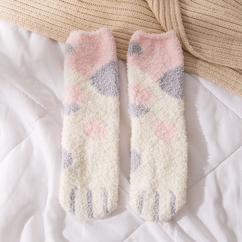 New Coral Velvet Cat's Paw Socks For Women Fleece Lined Padded Warm Keeping