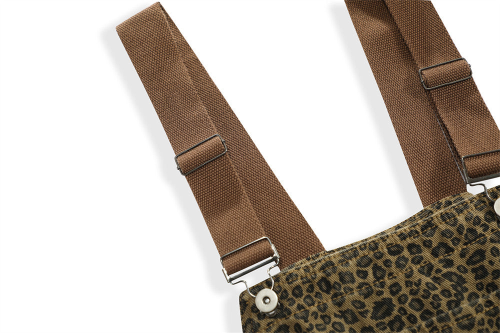 Leopard Print Denim Suspender Pants Men's High Street Loose