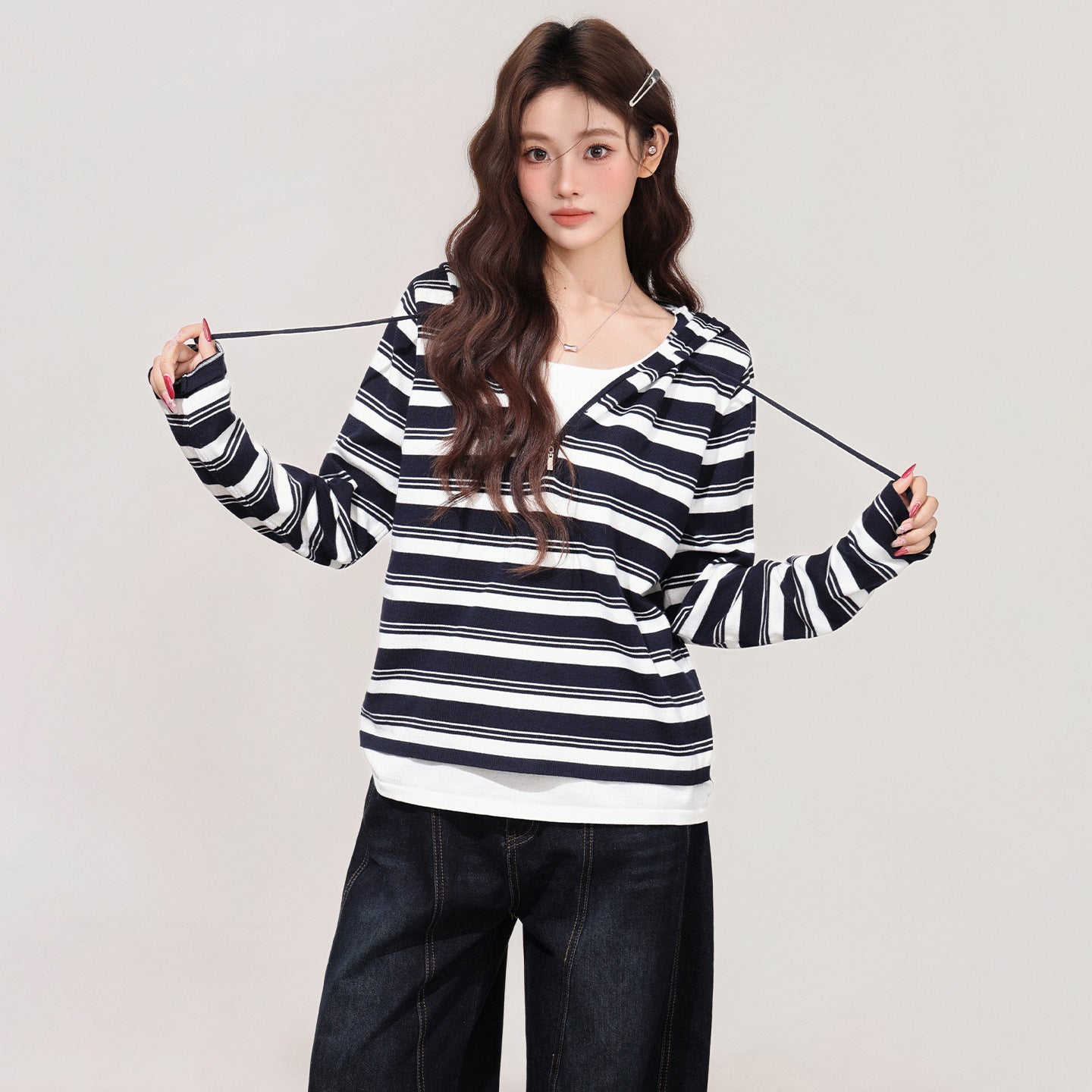 Color-blocked Fake Two-piece Hooded Long-sleeve Women's Undershirt