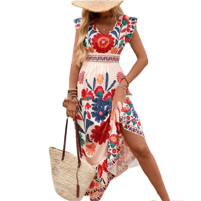 European And American-style V-neck Printed Dress