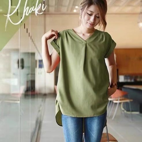 Women's Loose V-neck Short Sleeve Pleated Irregular Stitching Shirt