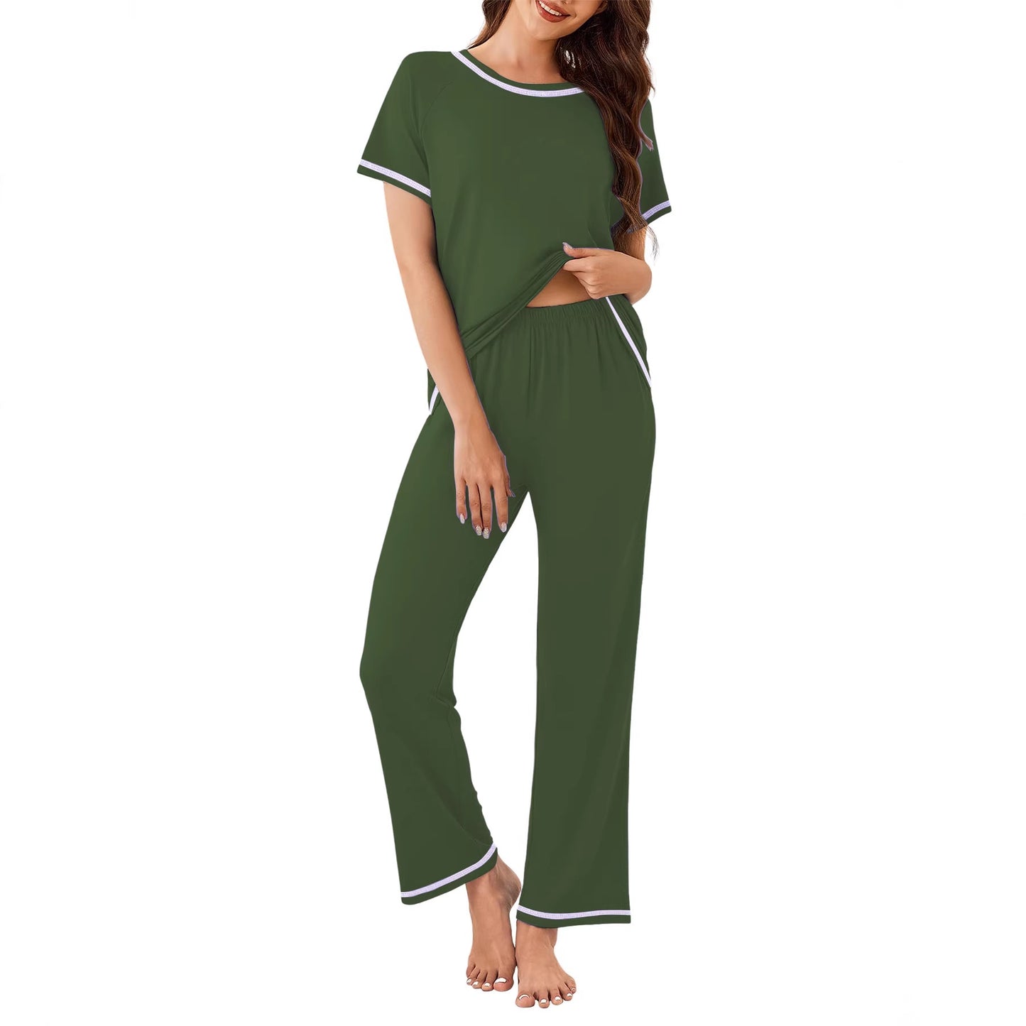 Stylish Home Sleepwear Womens Short-Sleeve Top And Long Pants Set