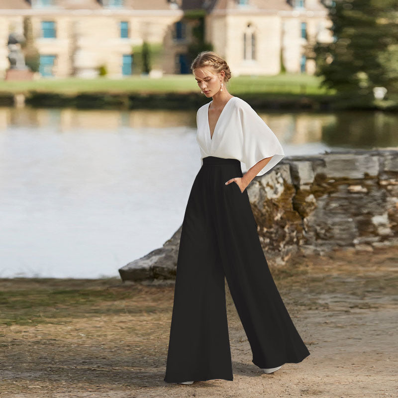 Women's Dress Jumpsuit Deep V High Waist Wide Legs