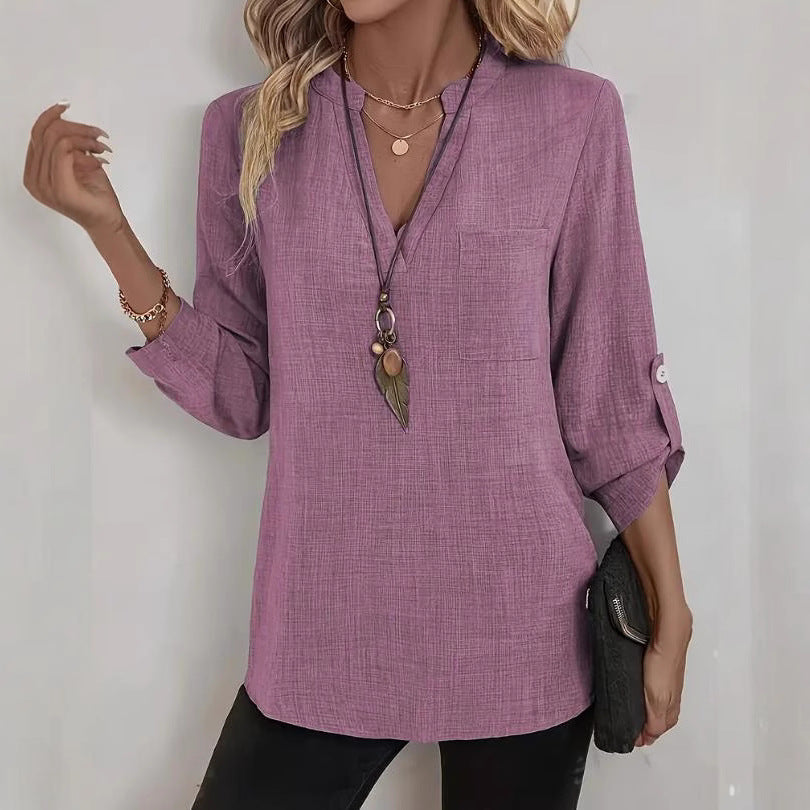 Loose-fitting Plus Size V-neck Solid Color T-shirt