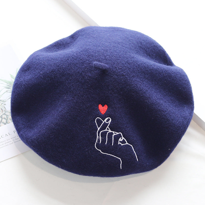 Stitched Ins Style Wool Knit Beret Women's Embroidered Hat
