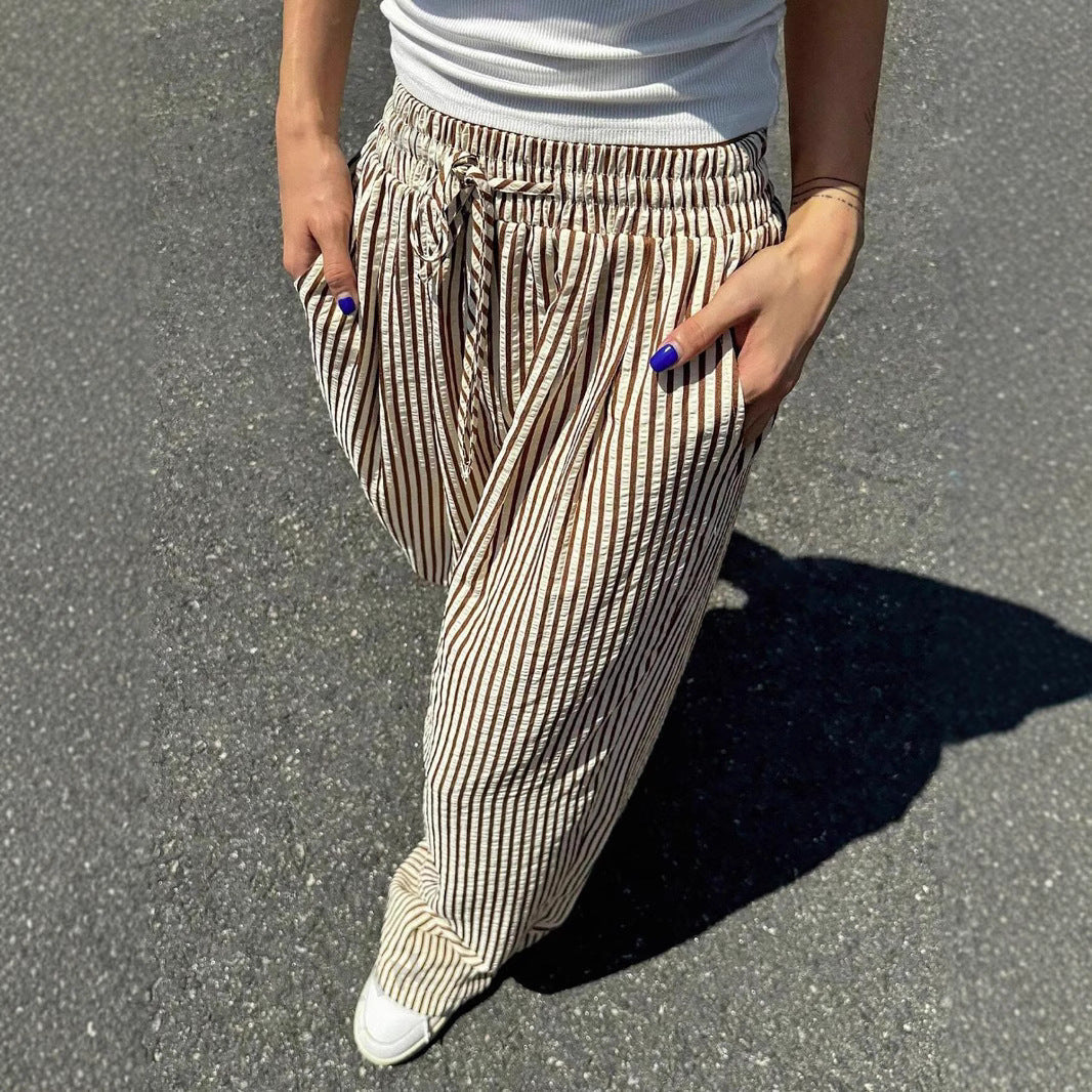 Women's High Waist Loose Casual Striped Straight-leg Pants