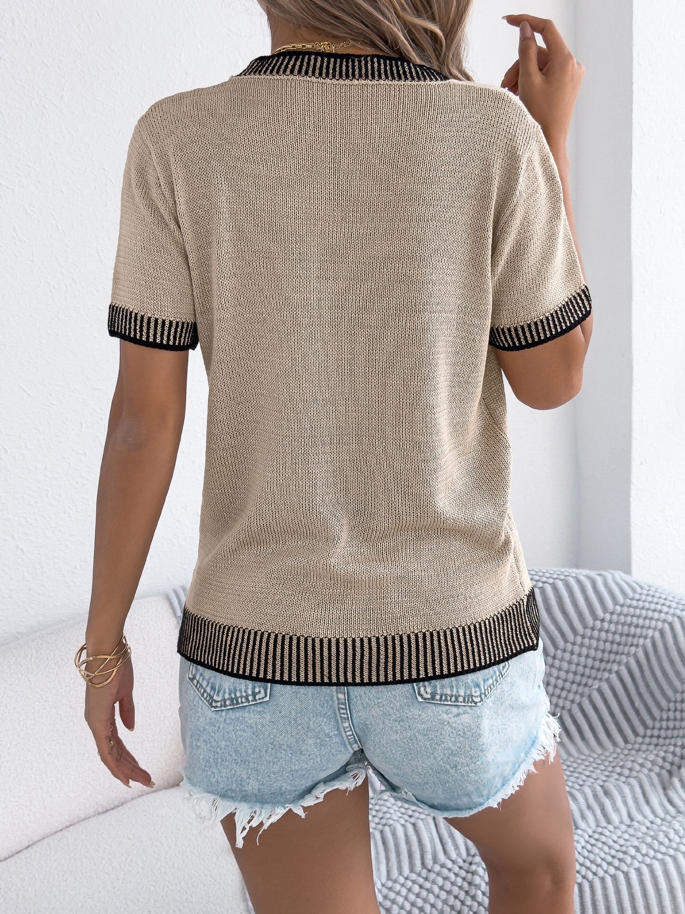Women S Casual Color Block Stripe Pocket Short Sleeve Knit Top