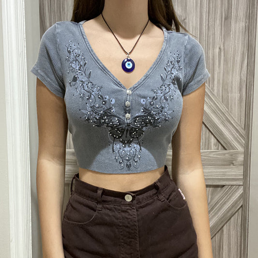 New Distressed Vintage Butterfly Print T-shirt V-neck Top