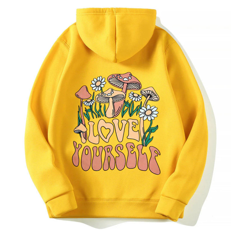 Drop-shoulder Sleeve Letters LOVE YOURSELF Hooded Fleece Sweatshirt