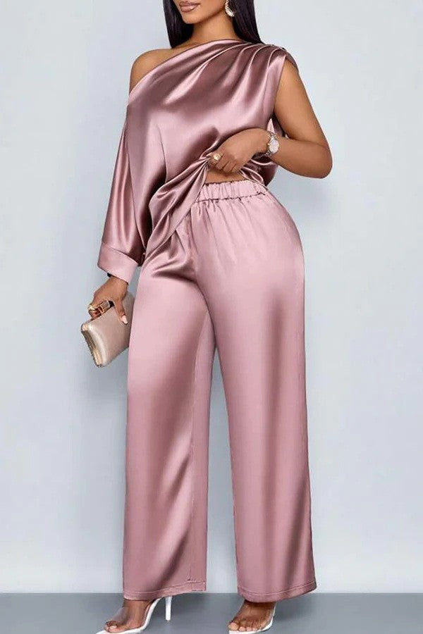 Spot 2026 European And American Cross-border Summer Casual Women's Satin Suit Slanted Collar Short-sleeved Top Trousers Set