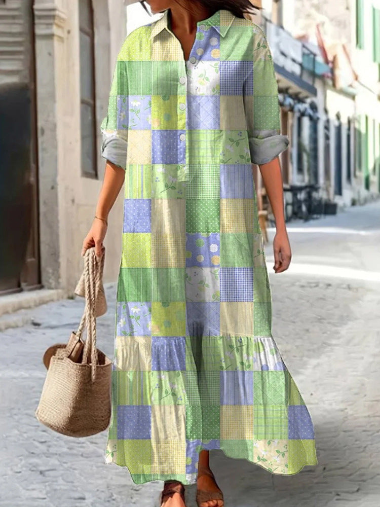 Womens Long-Sleeve Lapel-Neck Digital-Print Dress