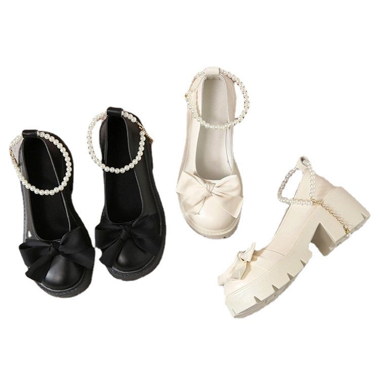 Spring And Summer New Pearl Thick Bottom Versatile Small Leather Shoes
