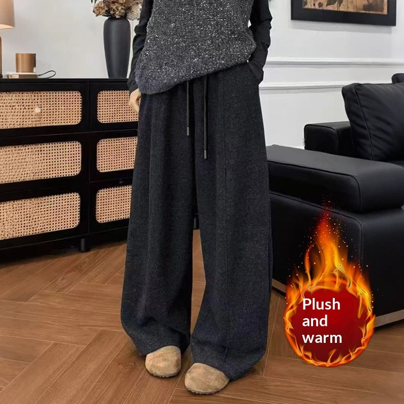 Casual Fleece-lined High-waisted Wide-leg Sweatpants