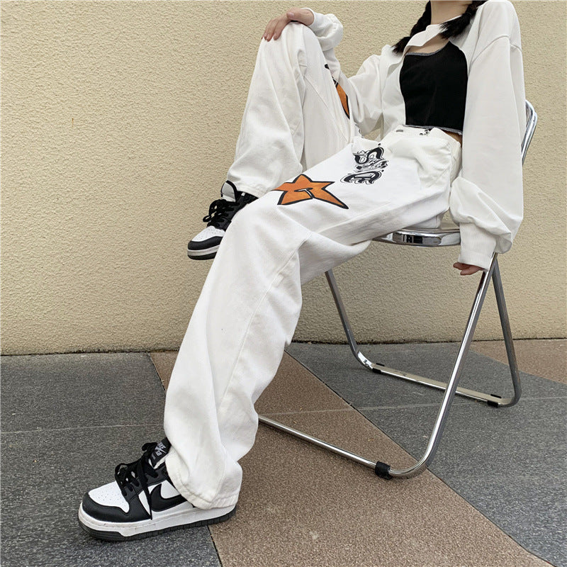 Retro Love Gothic Printed Jeans For Men And Women Loose-fitting Wide-leg Trousers