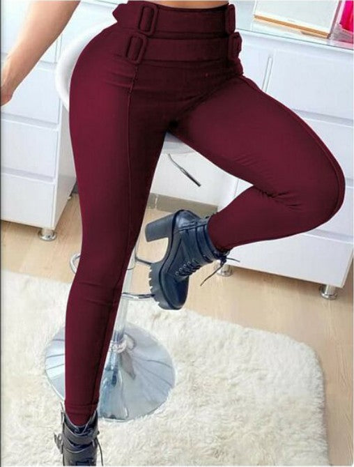 High Waist Skinny Trousers With Belt Decoration