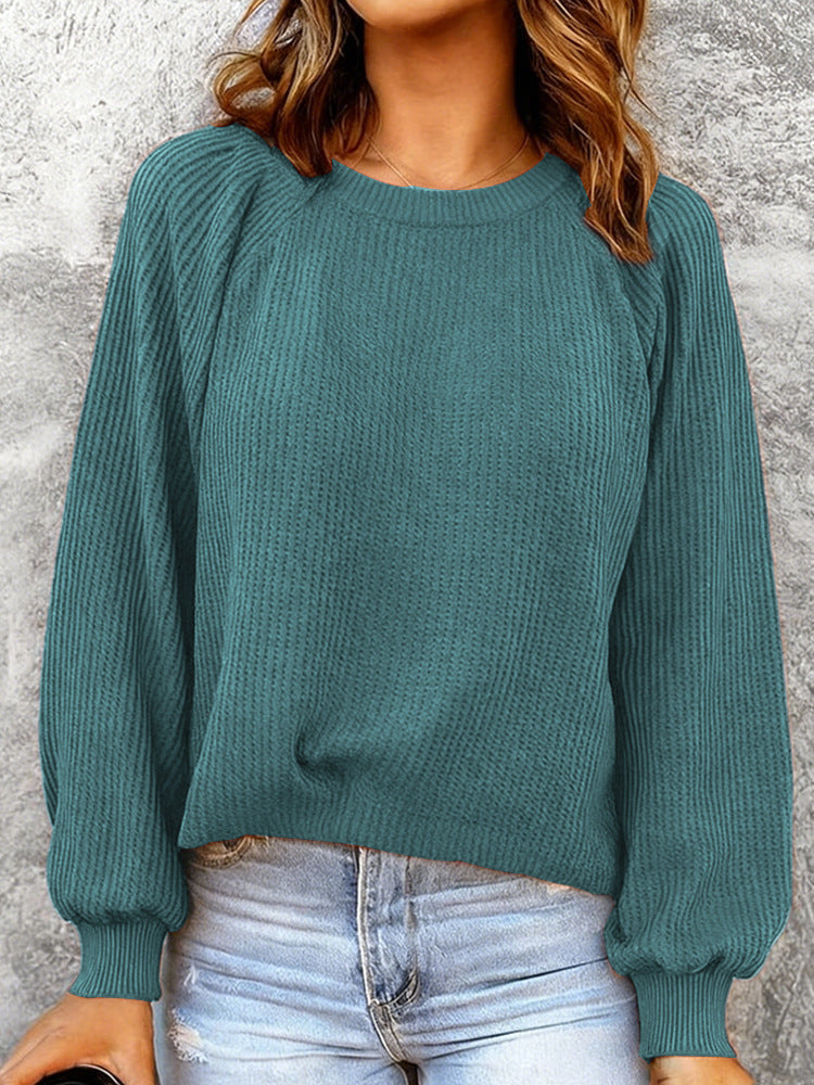 Fashionable Solid-Color Waffle-Knit Long-Sleeve Pullover Top