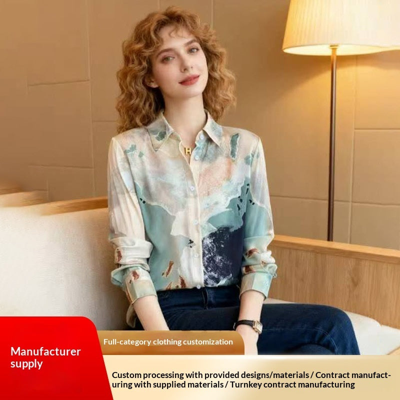 Womens Retro Printed Long Sleeve Lapel Shirt With Floral Print