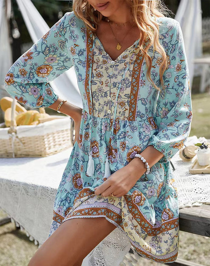 V-neck Printed Casual Bohemian Short Skirt