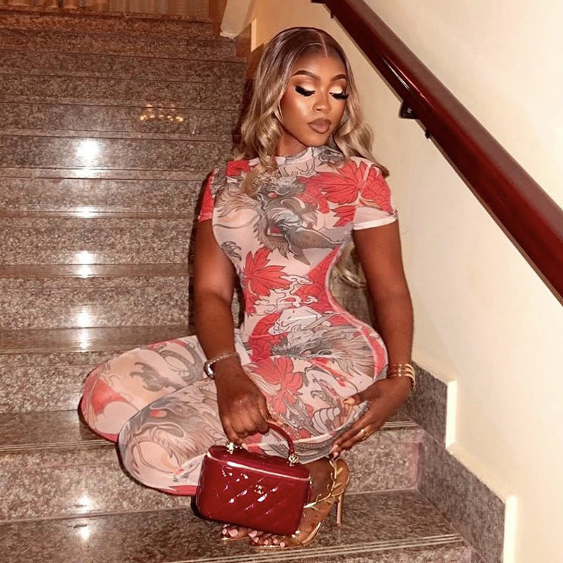 European And American-style Womens Jumpsuit With A Bold Floral Print