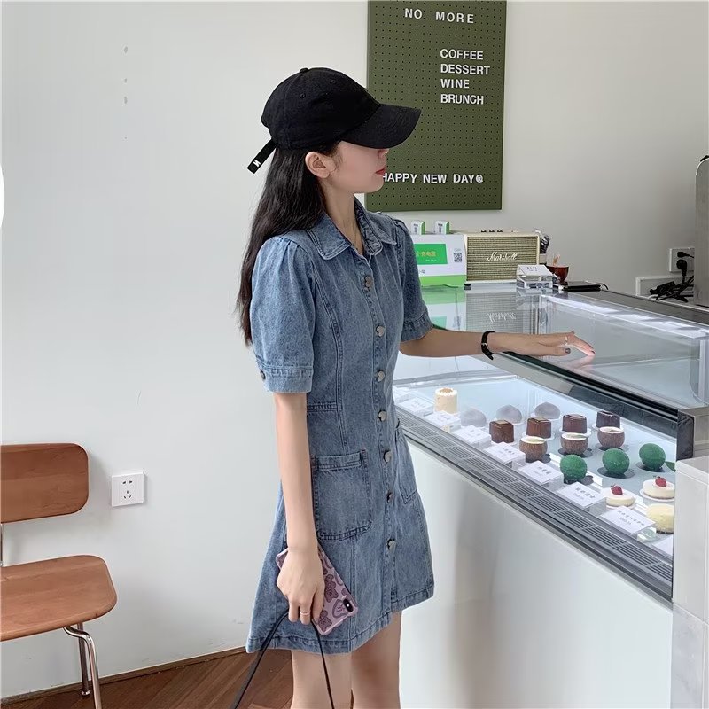 Cleverly Designed Cropped Denim Dress With A Midriff-baring Cut