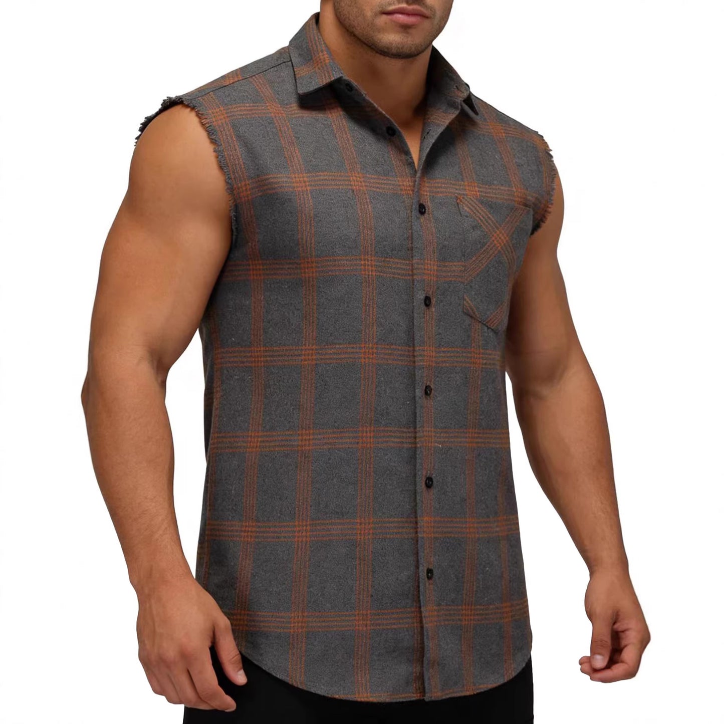 Men's Retro Plus-Size Plaid Sleeveless Lapel Shirt