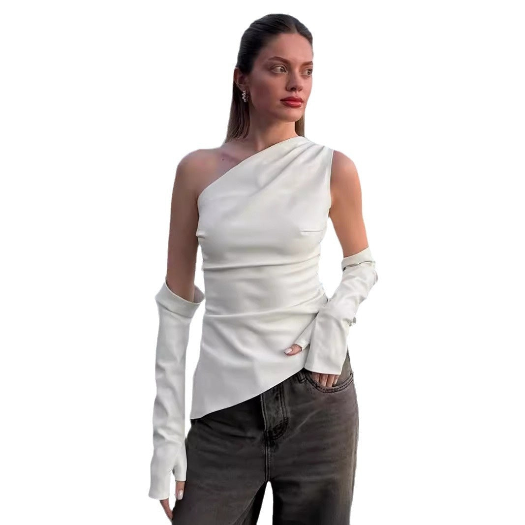 Women's Sleeveless Slant Collar PU Leather Vest With Sleeve Cover Top Set
