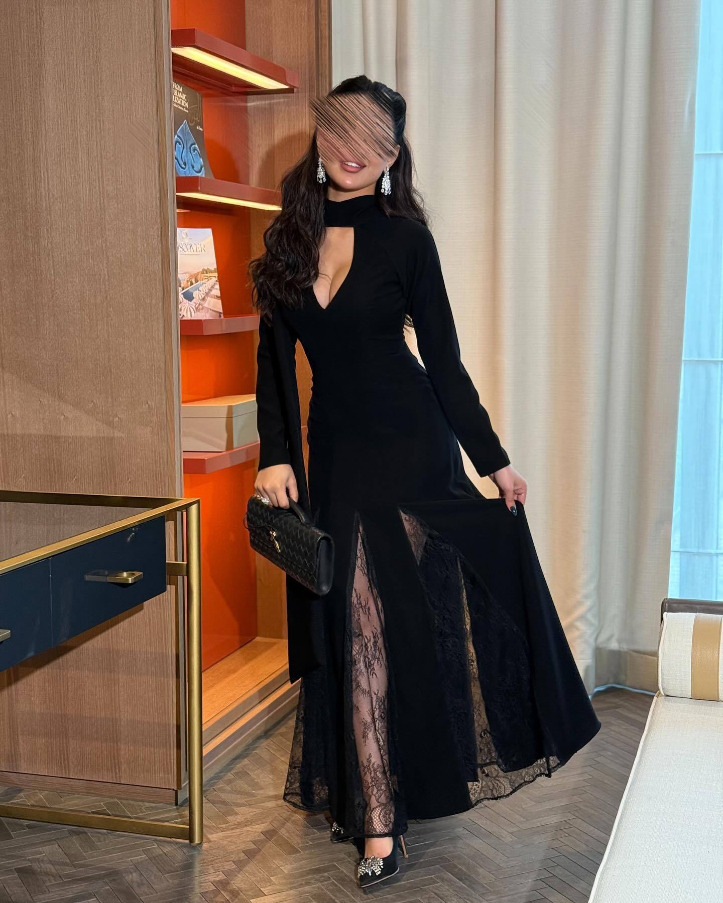 Round-neck Spliced Lace Long-sleeve Slim-fit Elegant Vintage Dress