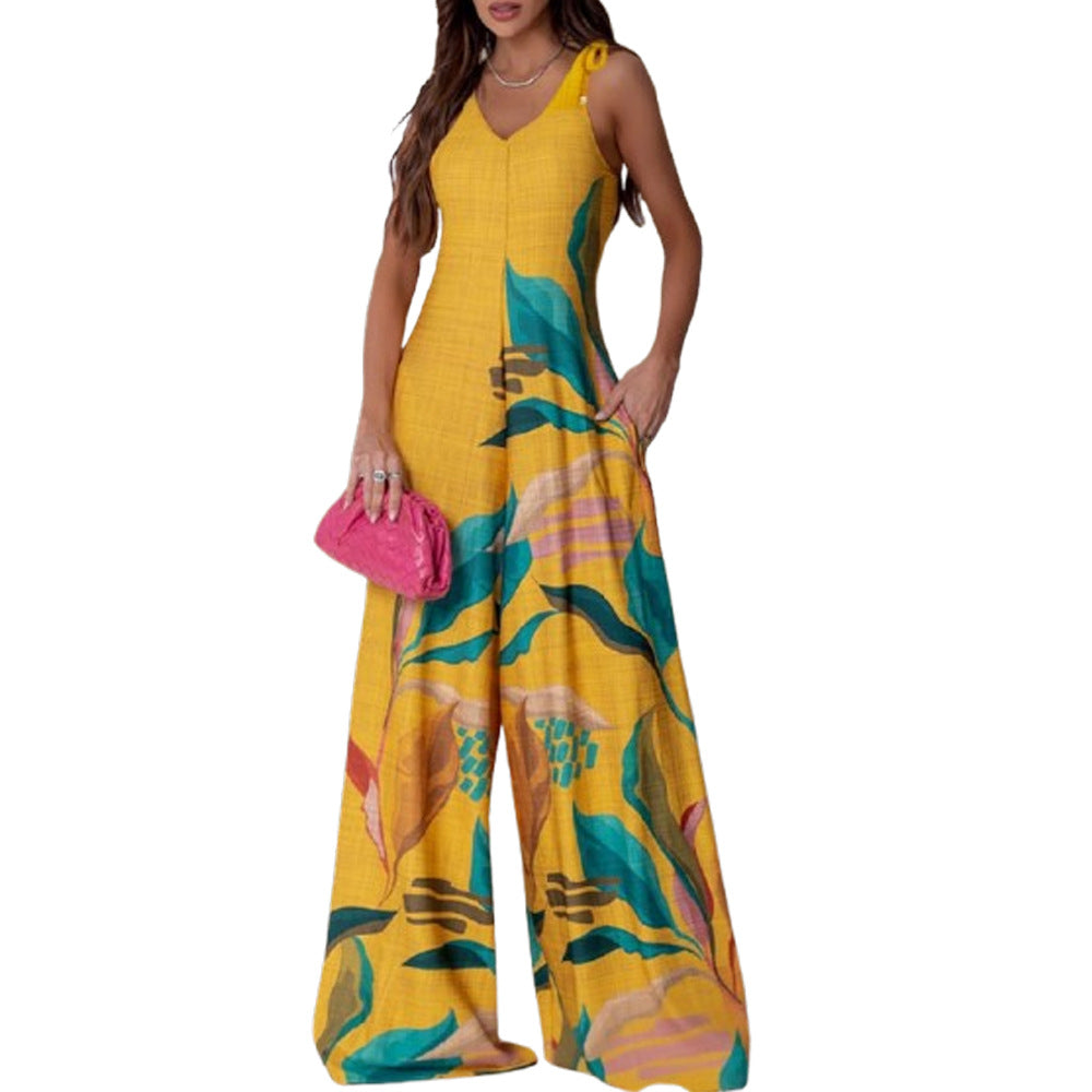 Printed V-neck Lace-up Jumpsuit Pocketed Vest-style Wide-leg Romper