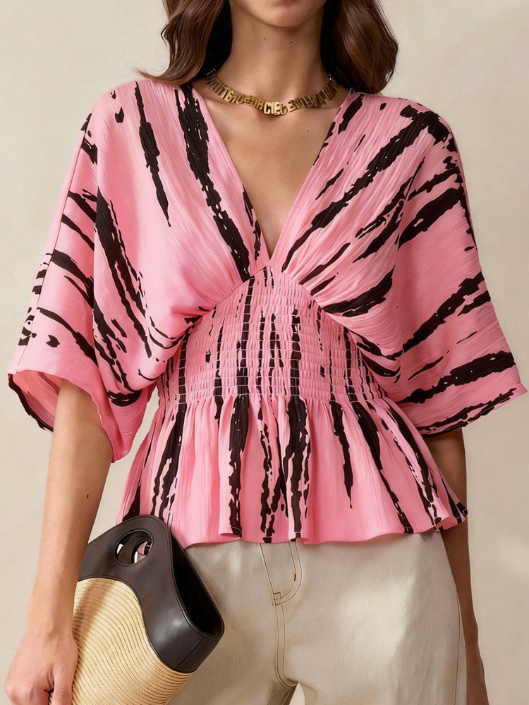 Womens Casual V-Neck Three-Quarter Sleeve Pullover With Digital Print T-Shirt