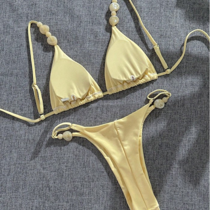 Solid Color Beaded Strap Sexy Two Piece Bikini Swimsuit For Women