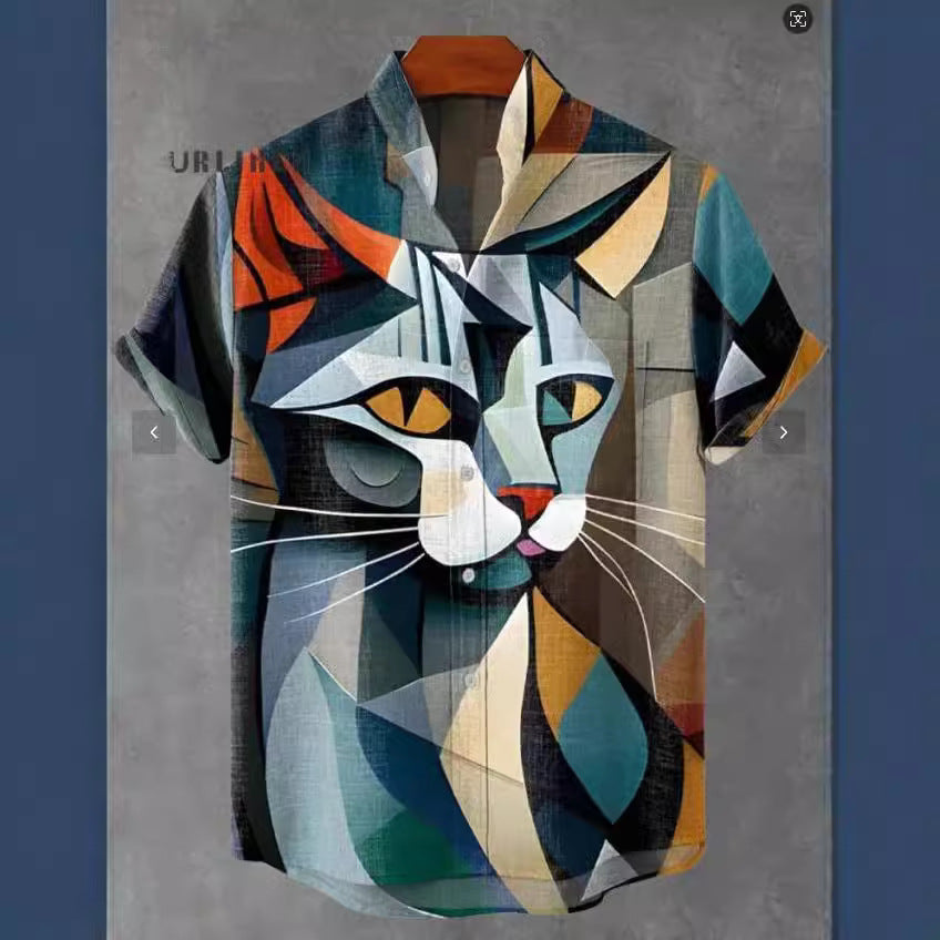 Pattern 3D Digital Printing Loose Trendy Short Sleeve Stand Collar Cardigan Shirt