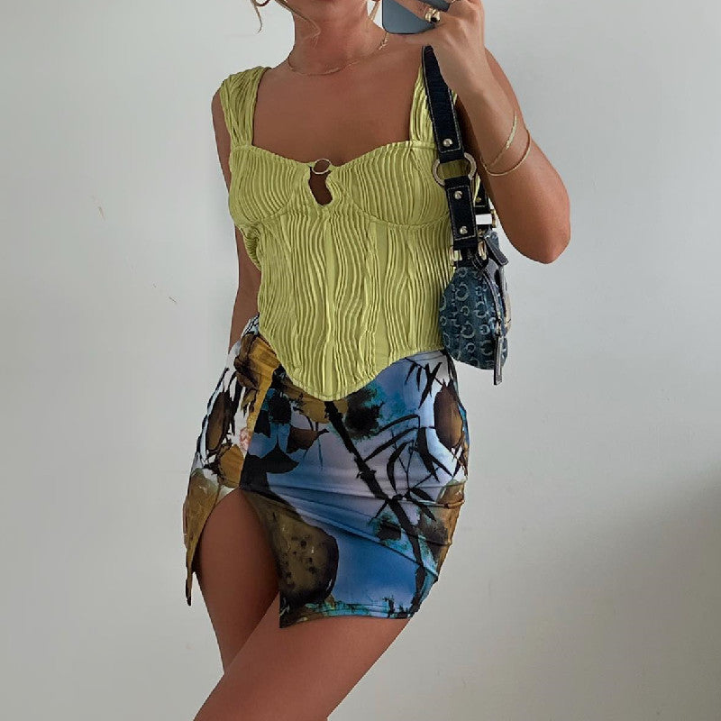 Summer Women's French Square Neck Pleated Camisole