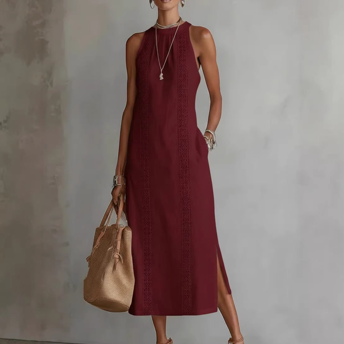 Womens Halterneck Holiday Lace-Patchwork Sleeveless Dress