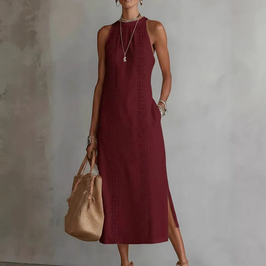 Womens Halterneck Holiday Lace-Patchwork Sleeveless Dress