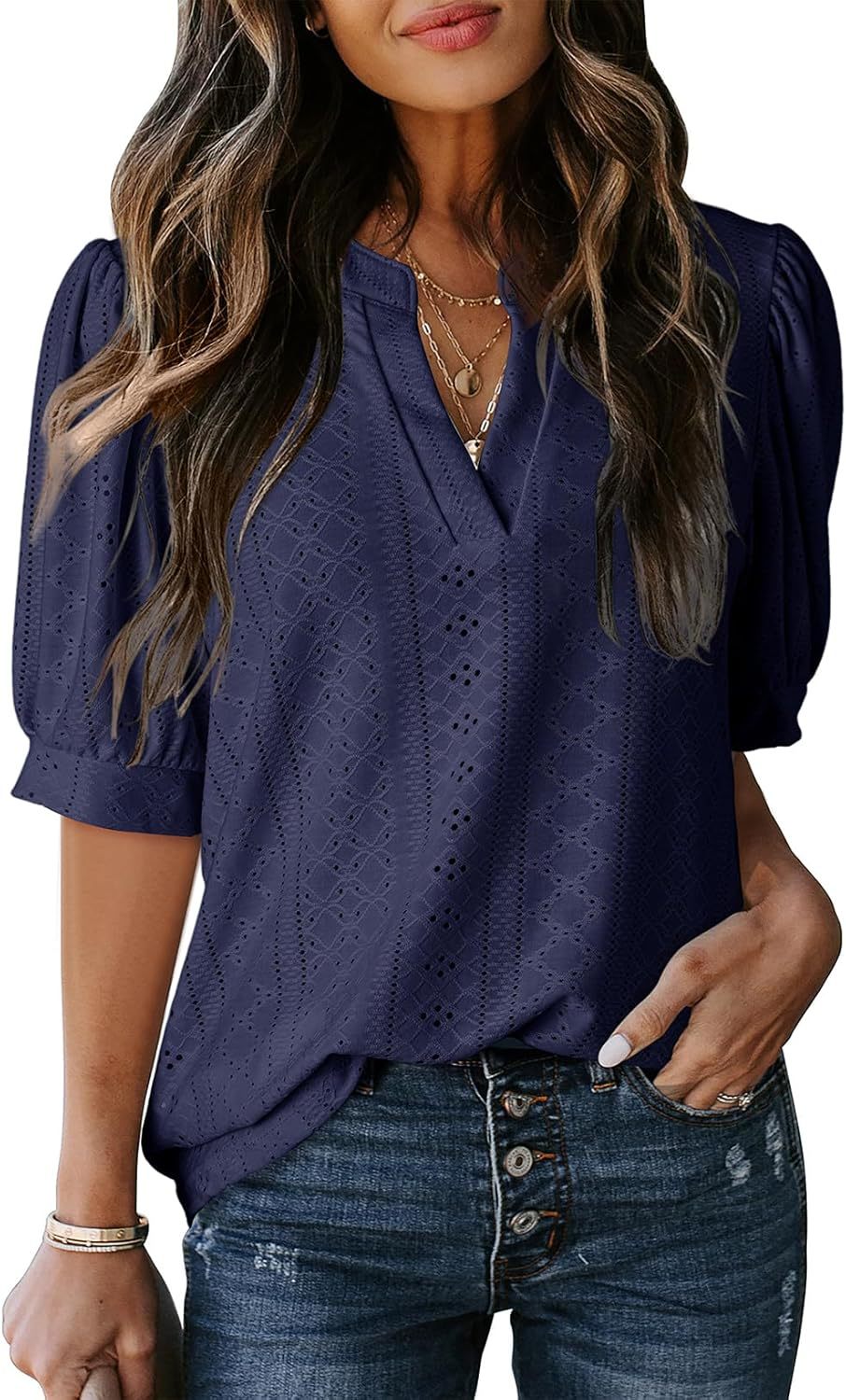 Women's Summer Business Casual Blouse V-neck Short Sleeve Shirt