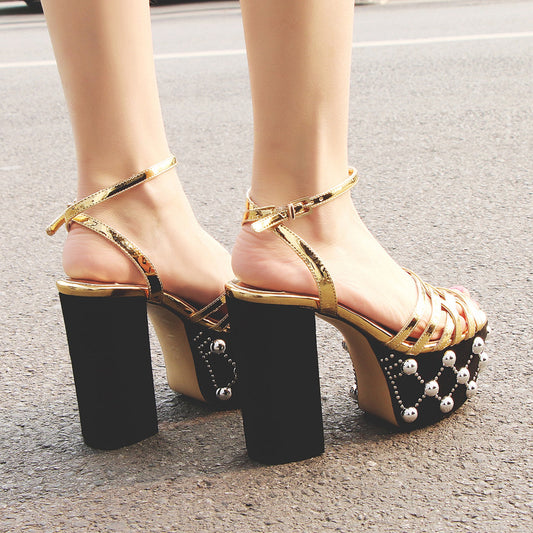European And American Round Toe High Heels With Rivet Buckle Strap