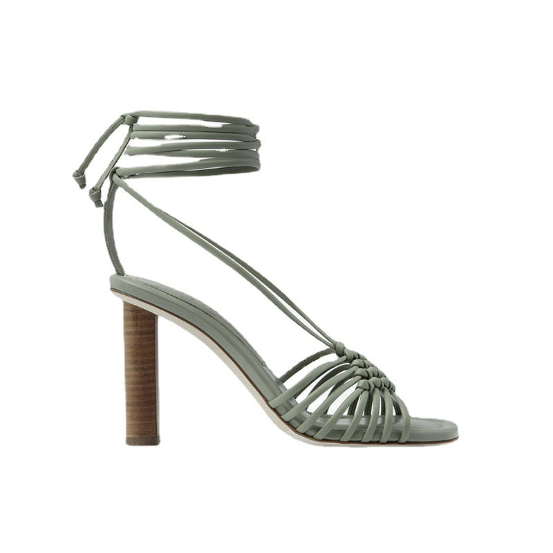 Cross Border New Style Square Head Style Large And Small Thick Heel Back Strap Woven Sandals