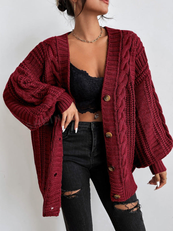 V-hals Sweater Dame Retro Fashion Løs Twist Strikket Jakke