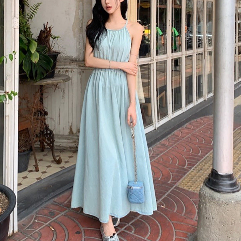 Womens Sleeveless Halter-Neck Strap Holiday Dress