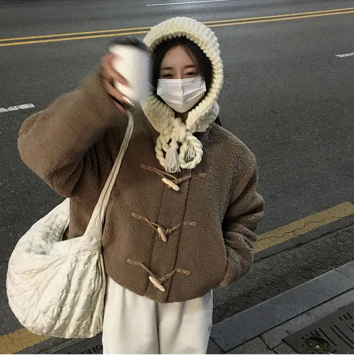 Horn Button Furry Coat Women's Winter Wear Fashion