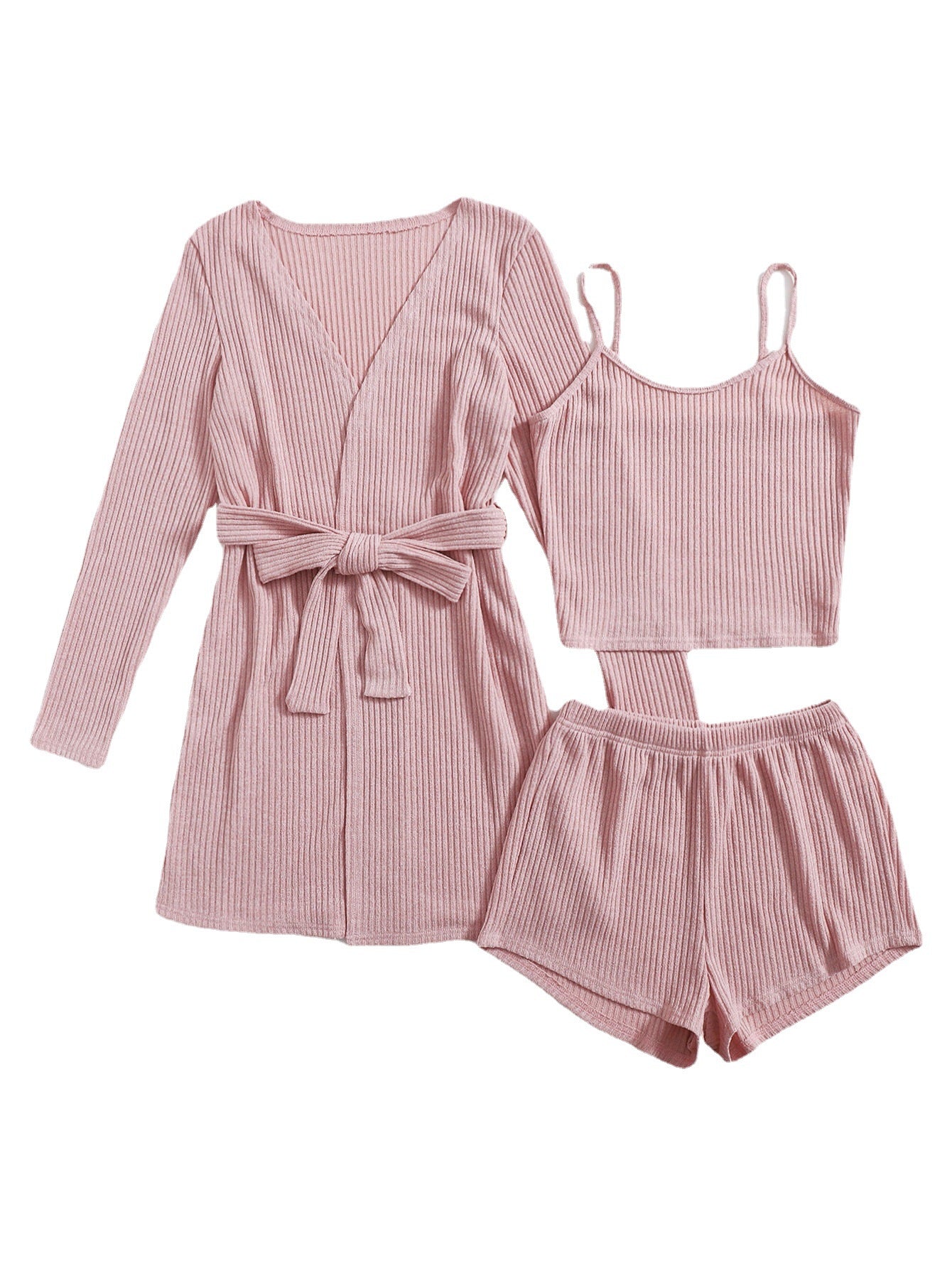 Lady Temperament Casual Solid Color 3-piece Set Suspender Shorts Homewear Suit