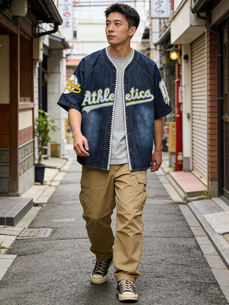 American-style Vintage Flocked Embroidery Denim Baseball Shirt
