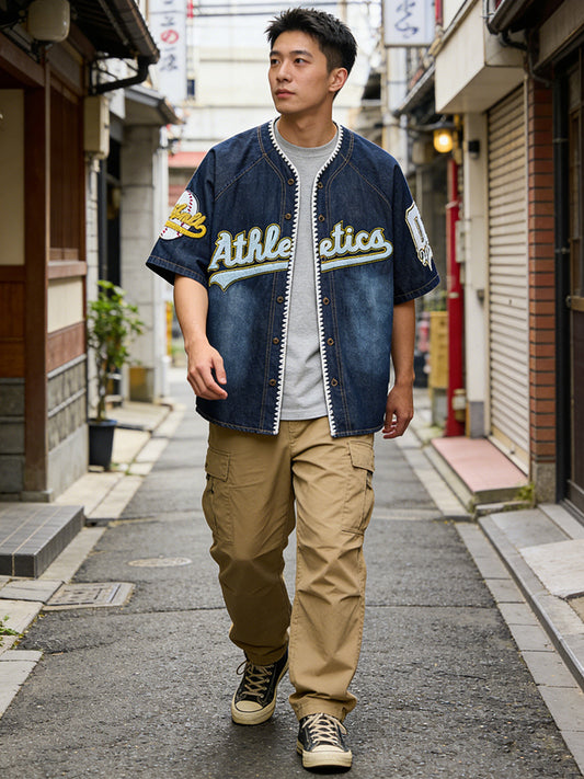 American-style Vintage Flocked Embroidery Denim Baseball Shirt