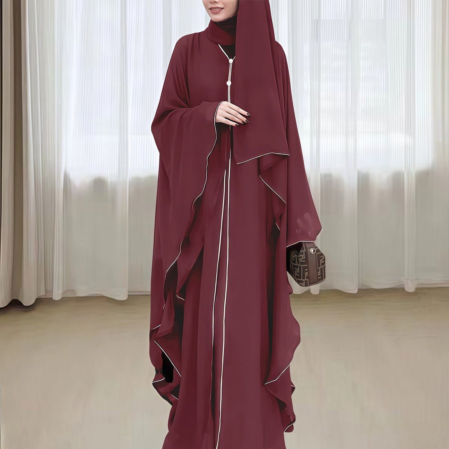 Elegant Long Robe With Batwing Sleeves And White Trim