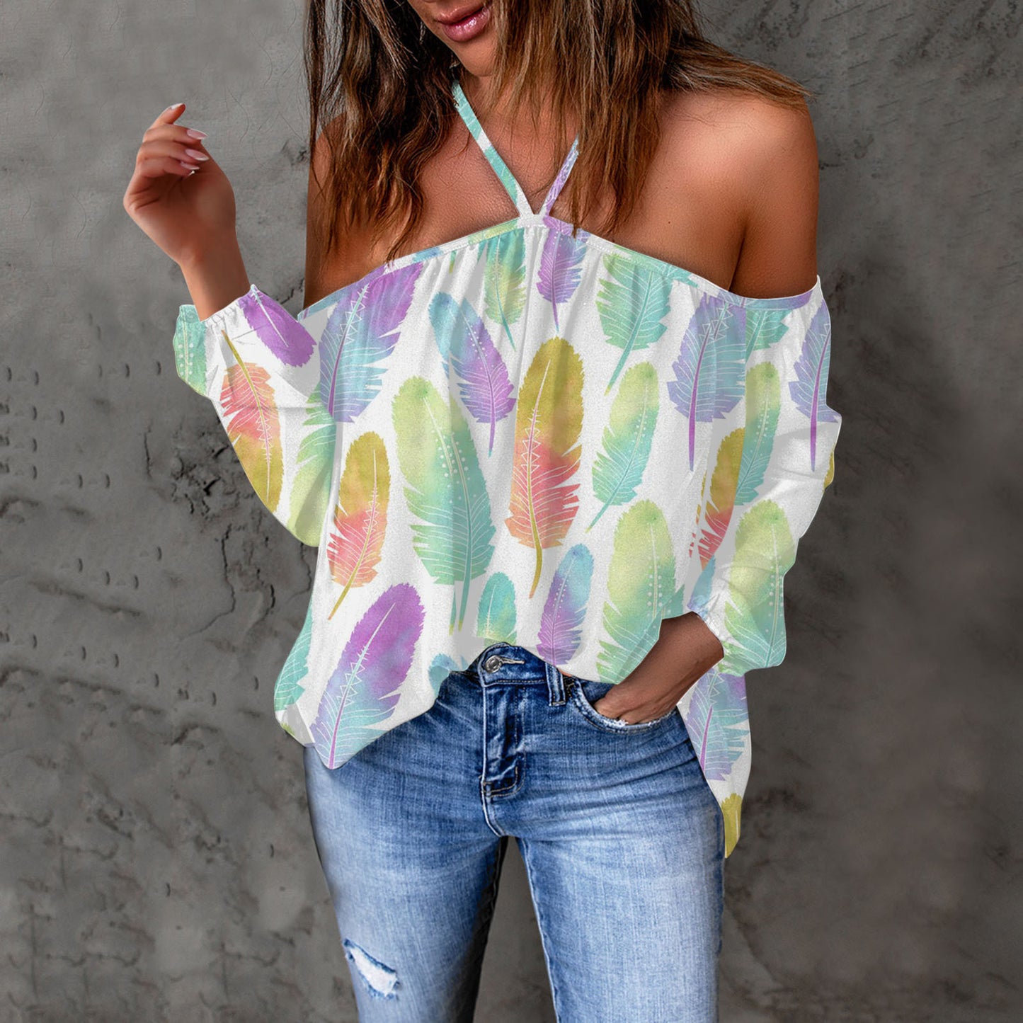 Long-Sleeve Top Arrival Loose T-Shirt With A Strappy Neck Design And Print Pattern